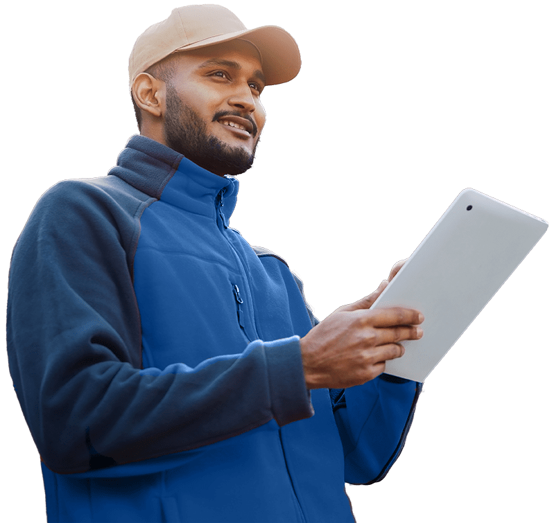 delivery man holds tablet