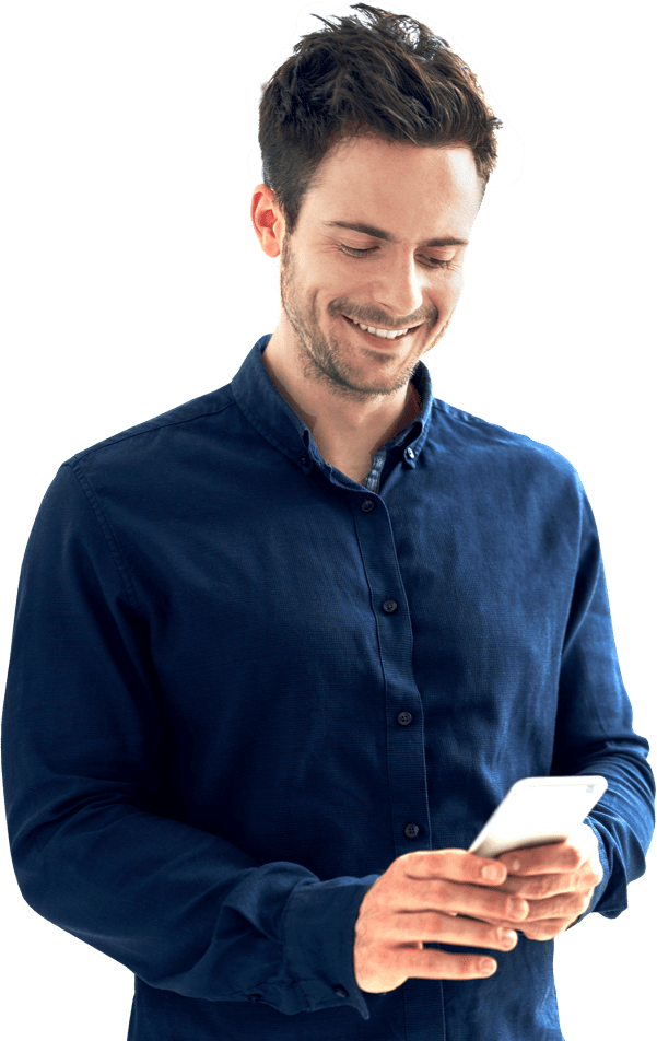 man smiling holding a smart phone