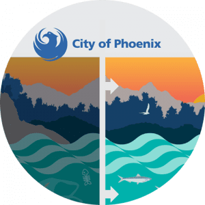 business-telecom-provider-image-Mountains, trees and water illustration before and after below a City of Phoenix logo