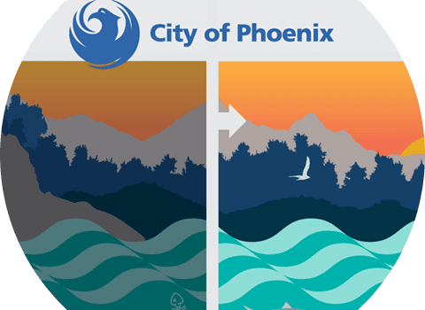 business-telecom-provider-image-Mountains, trees and water illustration before and after below a City of Phoenix logo