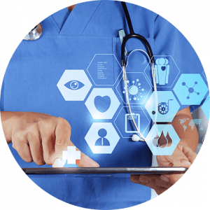 business-telecom-provider-image-Doctor holding ipad with digital floating icons