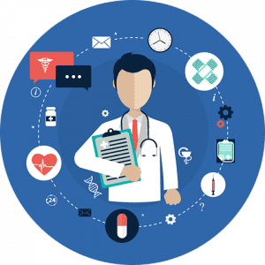 business-telecom-provider-image-Doctor holding a clipboard surrounded by medical icons