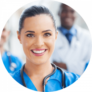 business-telecom-provider-image-Smiling woman wearing blue scrubs and a stethescope
