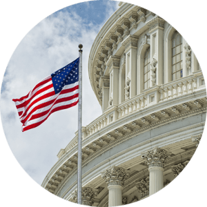 the US capitol building with an american flag in front