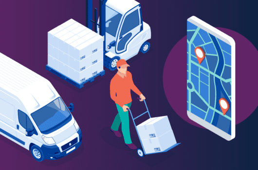 Illustration of delivery worker with a van, tractor, and mobile device