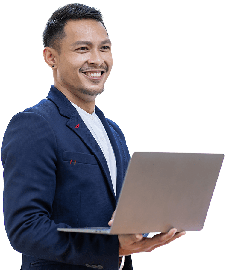 smiling man holding laptop