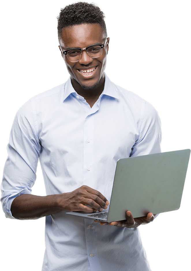 smiling businessman holding laptop