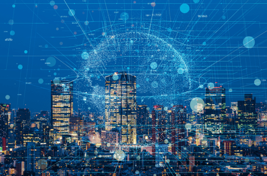 City scape with networking overlay