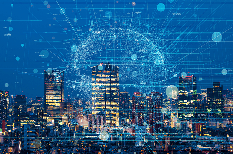 City scape with networking overlay