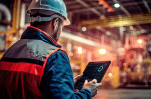 A manufacturing employee is looking at the network security report on this tablet