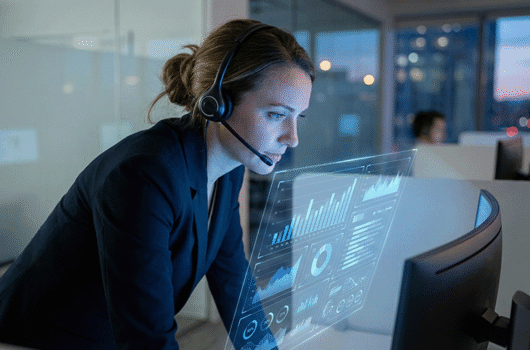 Woman on a computer managing her organization on a single pane of glass