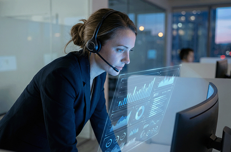 Woman on a computer managing her organization on a single pane of glass